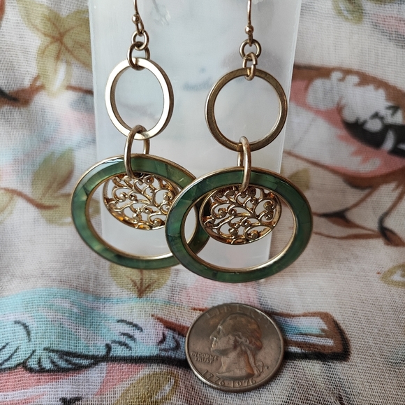 Lia Sophia Green Faux Abalone Brass Tone Pierced Earrings NOC LS Tree of Life - Picture 6 of 11